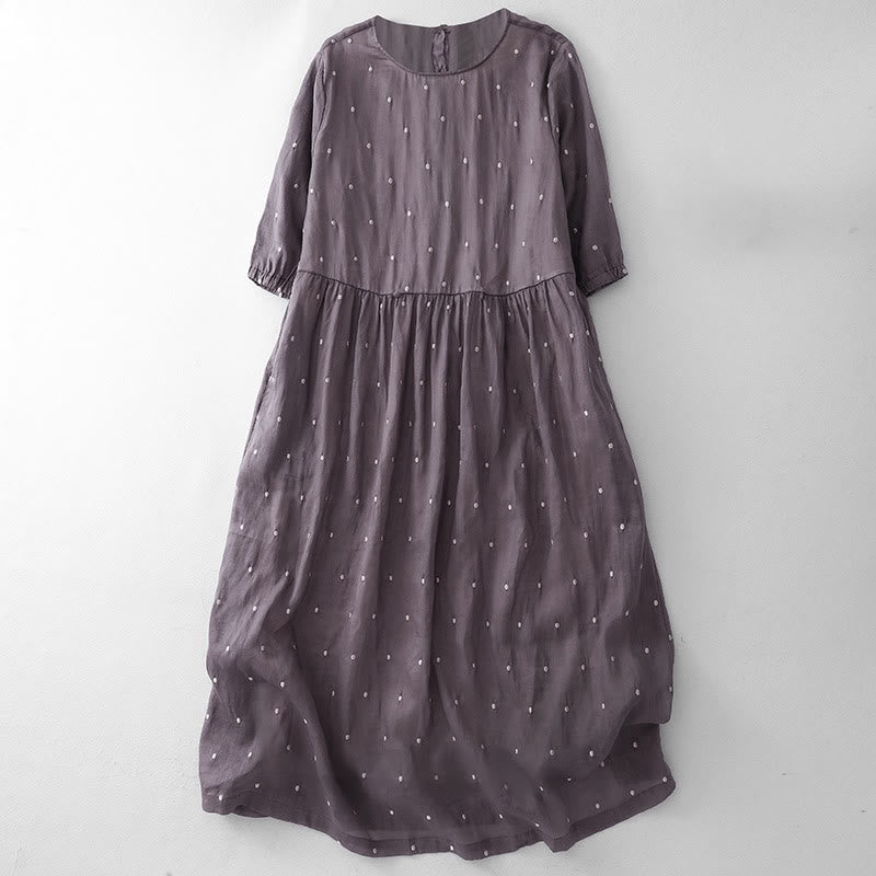 Buddha Stones Back Button Dot Pattern Half Sleeve Cotton Linen Midi Dress With Pockets - MediumOrchid - US8-10，UK/AU12-14，EU40-42 (2XL) - image 0
