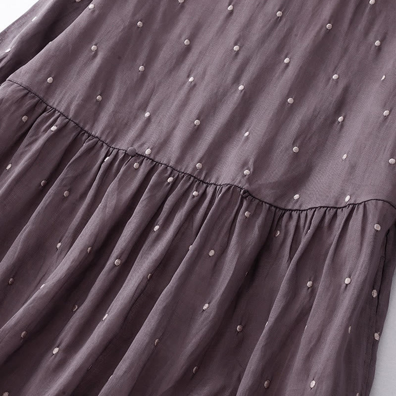 Buddha Stones Back Button Dot Pattern Half Sleeve Cotton Linen Midi Dress With Pockets - image 2