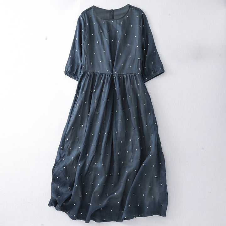 Buddha Stones Back Button Dot Pattern Half Sleeve Polyester Midi Dress With Pockets - MidnightBlue - US12，UK/AU16，EU44 (2XL) - image 4