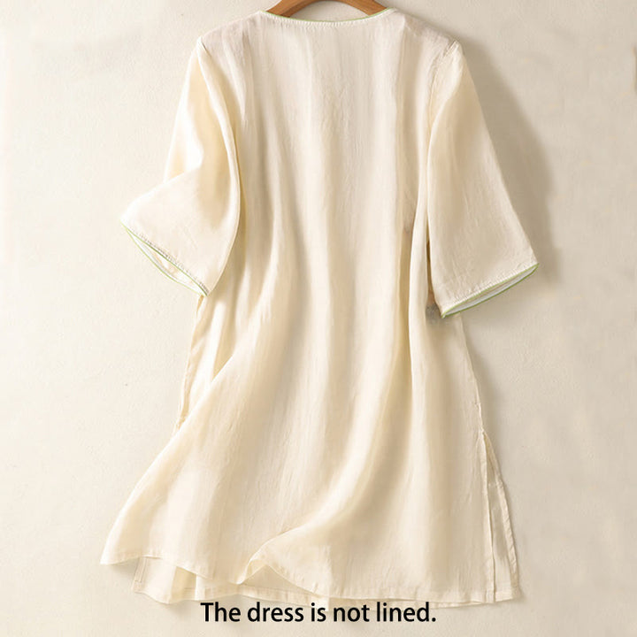 Buddha Stones Embroidery Flower Hem Slit Design Half Sleeve Cotton Linen Zen Midi Dress - image 10