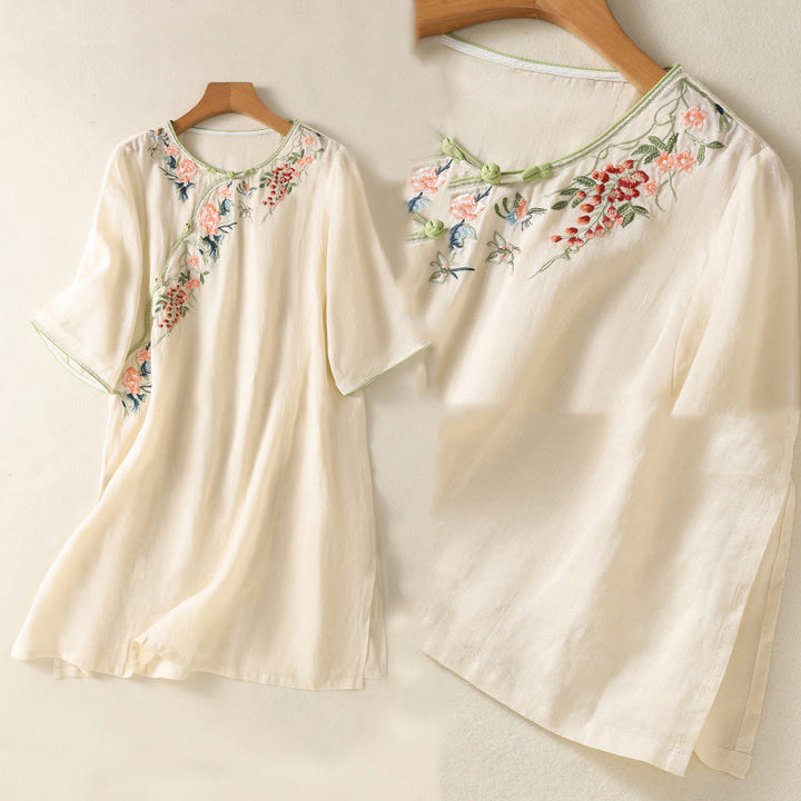 Buddha Stones Embroidery Flower Hem Slit Design Half Sleeve Cotton Linen Zen Midi Dress - image 15