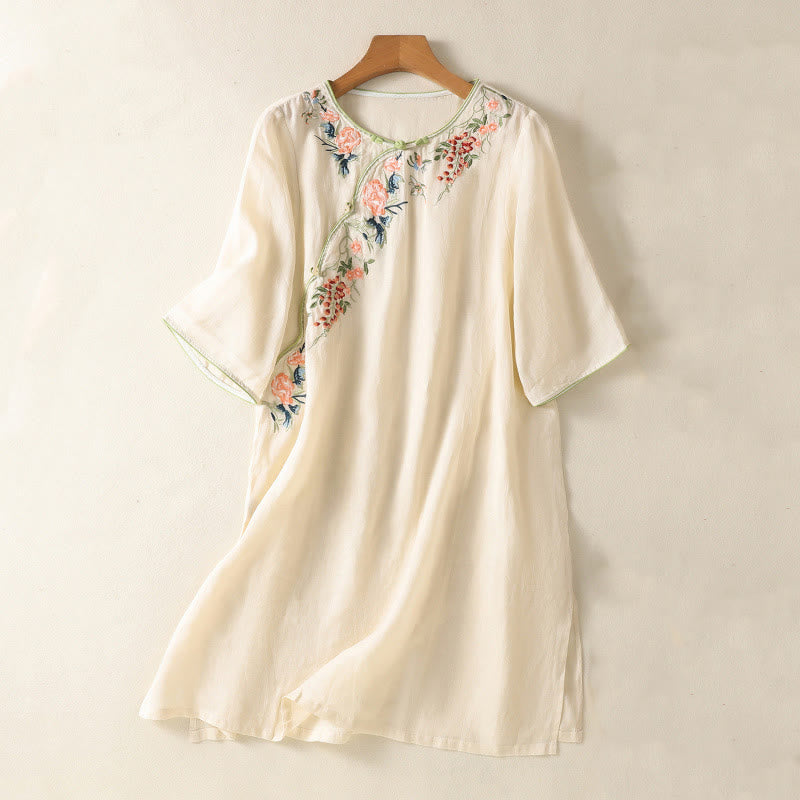 Buddha Stones Embroidery Flower Hem Slit Design Half Sleeve Cotton Linen Zen Midi Dress - Beige - US8-10，UK/AU12-14，EU40-42 (2XL) - image 6