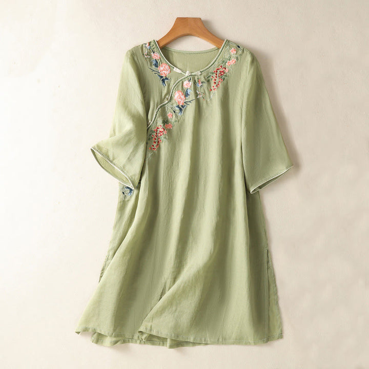 Buddha Stones Embroidery Flower Hem Slit Design Half Sleeve Cotton Linen Zen Midi Dress - LightGreen - US8-10，UK/AU12-14，EU40-42 (2XL) - image 0