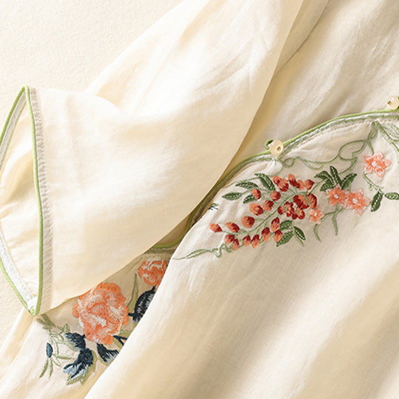 Buddha Stones Embroidery Flower Hem Slit Design Half Sleeve Cotton Linen Zen Midi Dress - image 12