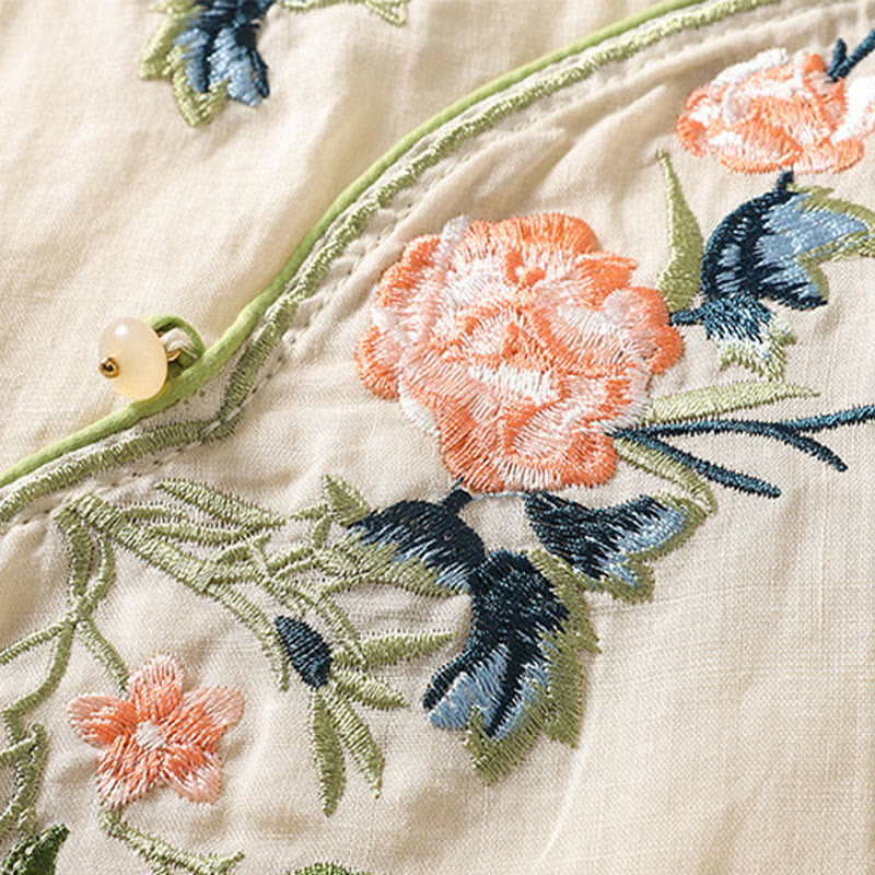 Buddha Stones Embroidery Flower Hem Slit Design Half Sleeve Cotton Linen Zen Midi Dress - image 11