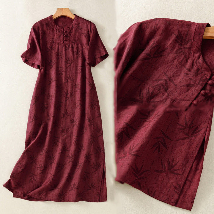 Buddha Stones Printing Leaves Short Sleeve Cotton Cheongsam Midi Dress With Pockets - image 14
