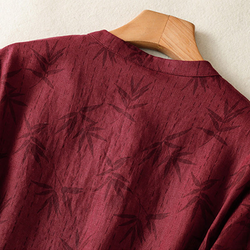Buddha Stones Printing Leaves Short Sleeve Cotton Cheongsam Midi Dress With Pockets - image 4