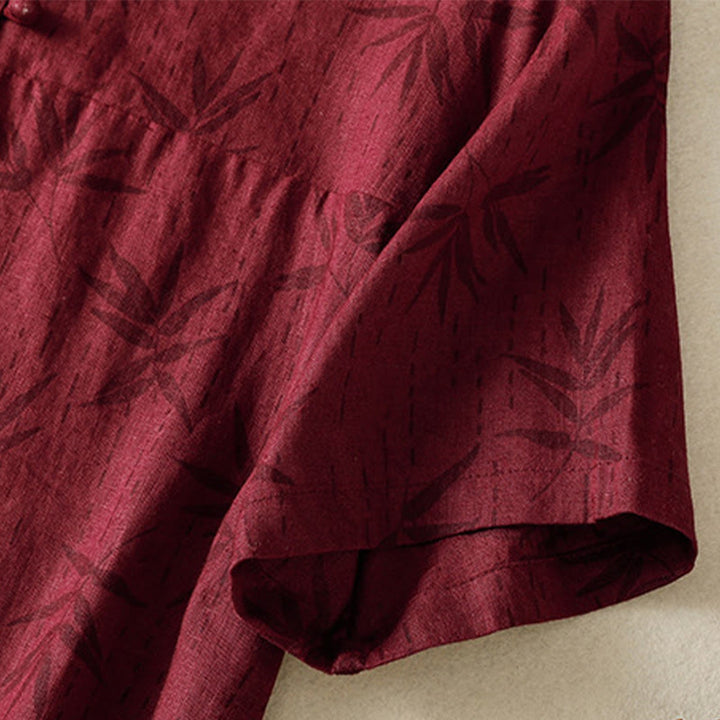 Buddha Stones Printing Leaves Short Sleeve Cotton Cheongsam Midi Dress With Pockets - image 7