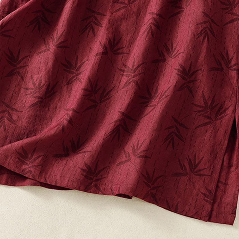Buddha Stones Printing Leaves Short Sleeve Cotton Cheongsam Midi Dress With Pockets - image 10