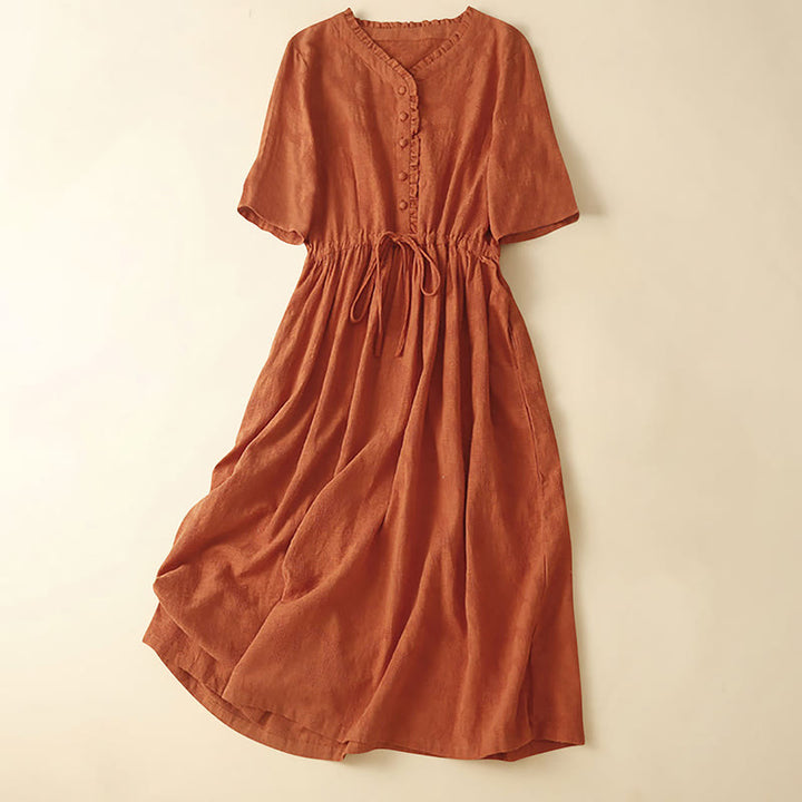 Buddha Stones Summer Jacquard Drawstring Pleated Design Cotton Linen Midi Dress With Pockets - DarkOrange - US14，UK/AU18，EU46 (2XL) - image 0