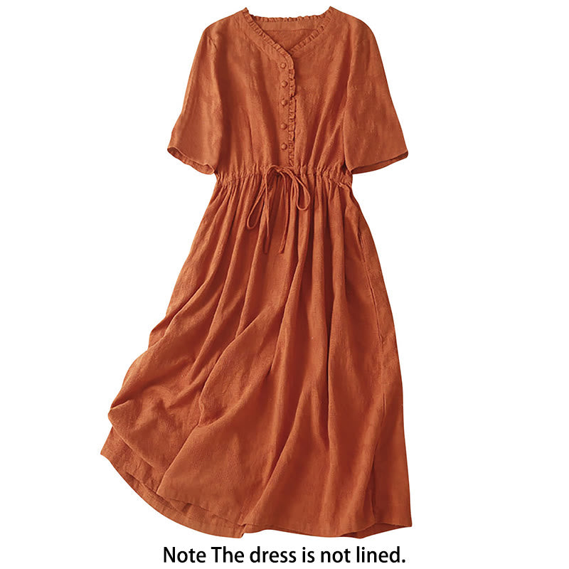 Buddha Stones Summer Jacquard Drawstring Pleated Design Cotton Linen Midi Dress With Pockets - image 1