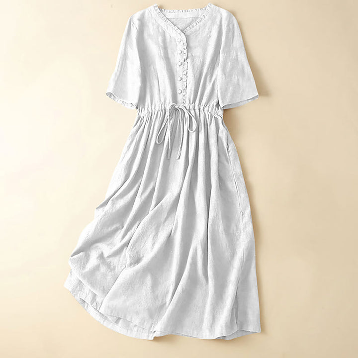 Buddha Stones Summer Jacquard Drawstring Pleated Design Cotton Linen Midi Dress With Pockets - White - US14，UK/AU18，EU46 (2XL) - image 6