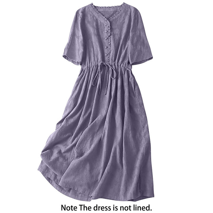 Buddha Stones Summer Jacquard Drawstring Pleated Design Cotton Linen Midi Dress With Pockets - image 10
