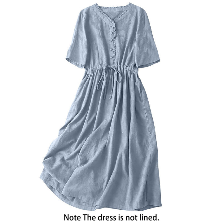 Buddha Stones Summer Jacquard Drawstring Pleated Design Cotton Linen Midi Dress With Pockets - image 19