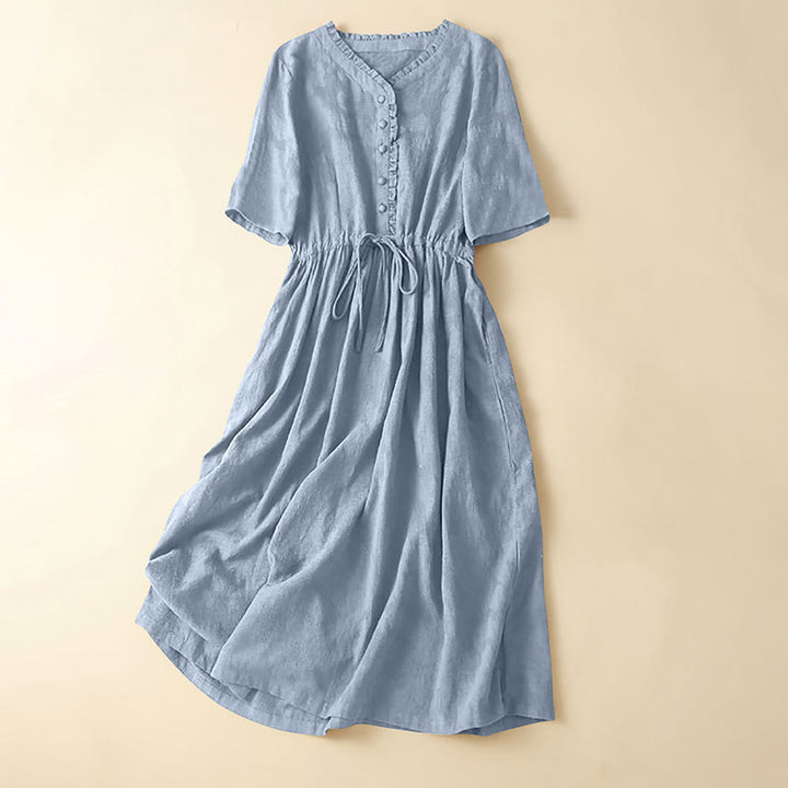 Buddha Stones Summer Jacquard Drawstring Pleated Design Cotton Linen Midi Dress With Pockets - LightSteelBlue - US14，UK/AU18，EU46 (2XL) - image 18