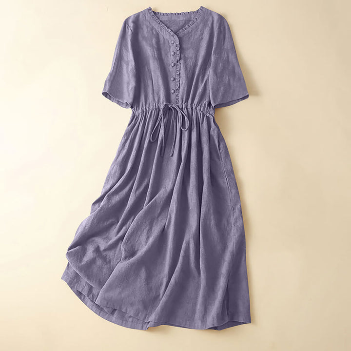Buddha Stones Summer Jacquard Drawstring Pleated Design Cotton Linen Midi Dress With Pockets - MediumOrchid - US14，UK/AU18，EU46 (2XL) - image 9