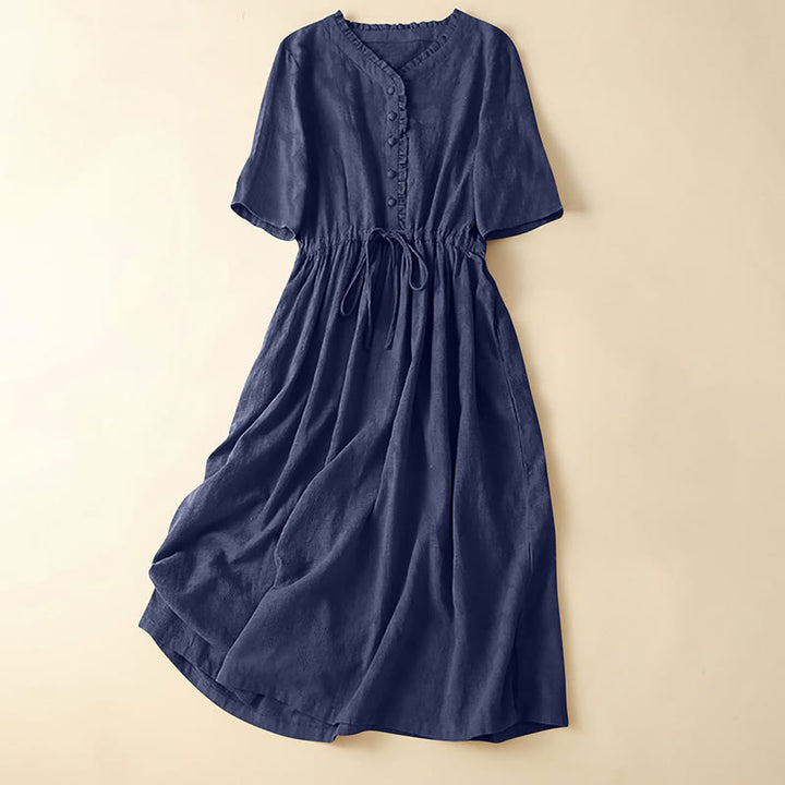 Buddha Stones Summer Jacquard Drawstring Pleated Design Cotton Linen Midi Dress With Pockets - Indigo - US14，UK/AU18，EU46 (2XL) - image 12