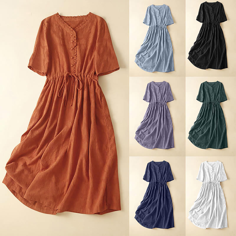 Buddha Stones Summer Jacquard Drawstring Pleated Design Cotton Linen Midi Dress With Pockets - image 21