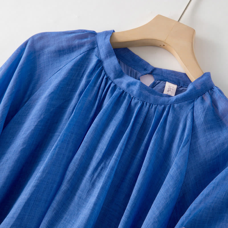 Buddha Stones Plain Drawstring Three Quarter Puff Sleeve Cotton Linen Midi Dress With Pockets - image 3