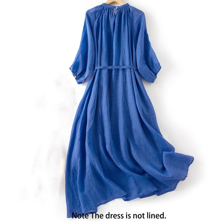 Buddha Stones Plain Drawstring Three Quarter Puff Sleeve Cotton Linen Midi Dress With Pockets - image 1