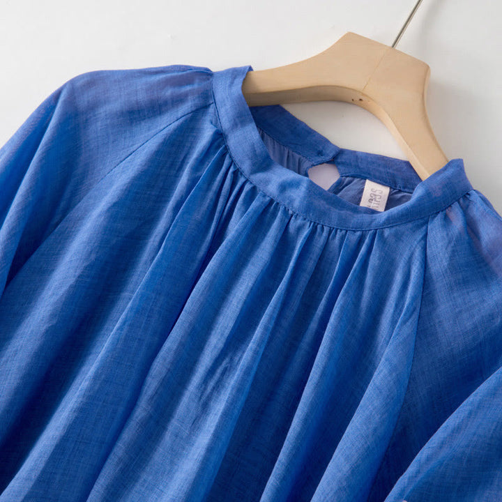 Buddha Stones Plain Drawstring Three Quarter Puff Sleeve Midi Dress With Pockets - image 3