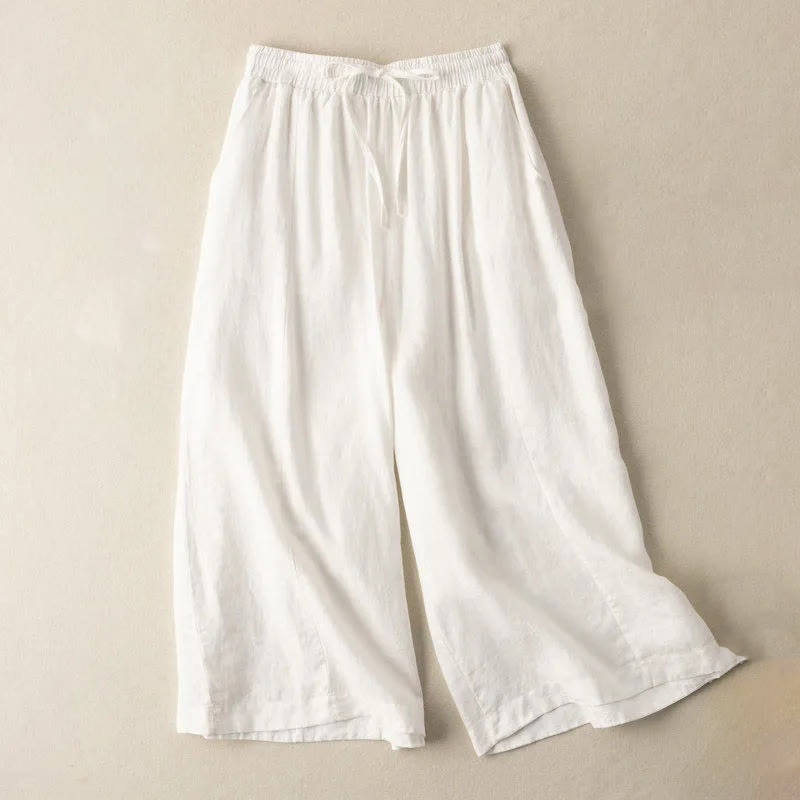 Buddha Stones Plain Color 7-8 Length Capri Cropped Pants Cotton Linen Women's Wide Leg Pants With Pockets - White - US12，UK/AU16，EU44 (3XL) - image 6