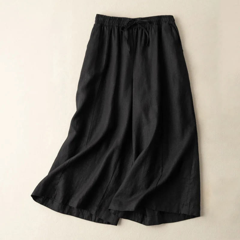Buddha Stones Plain Color 7-8 Length Capri Cropped Pants Cotton Linen Women's Wide Leg Pants With Pockets - Black - US12，UK/AU16，EU44 (3XL) - image 11