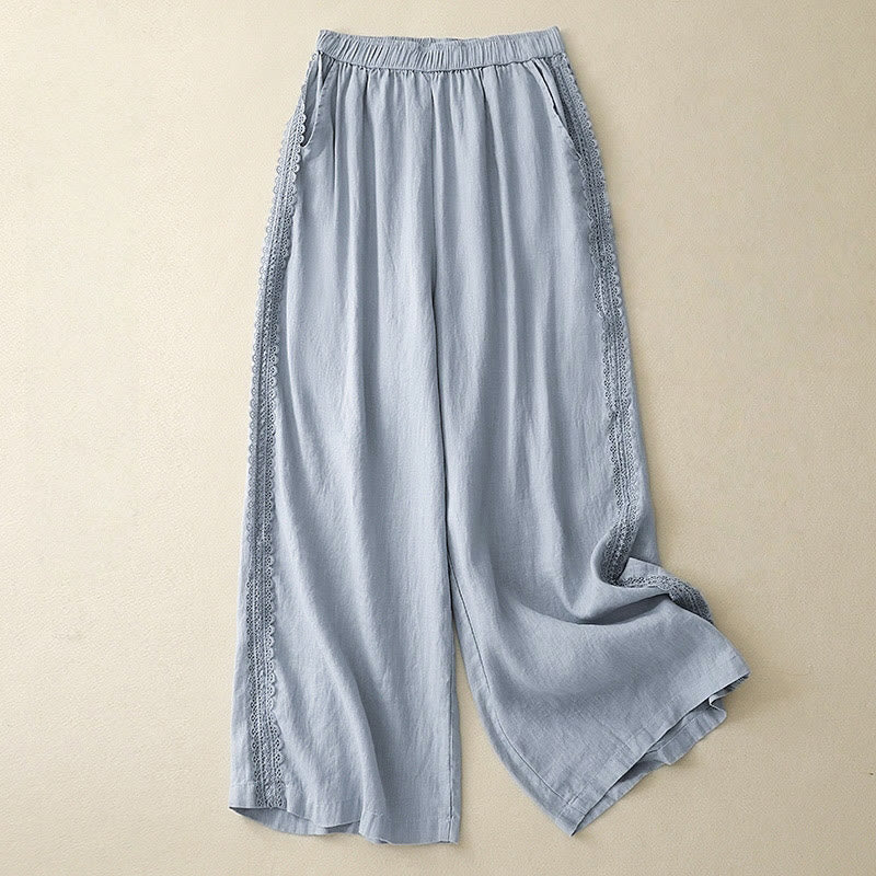 Buddha Stones Plain Color Lace Stitching Cotton Linen Women's Wide Leg Pants With Pockets - LightSkyBlue - US8-10，UK/AU12-14，EU40-42 (2XL) - image 0