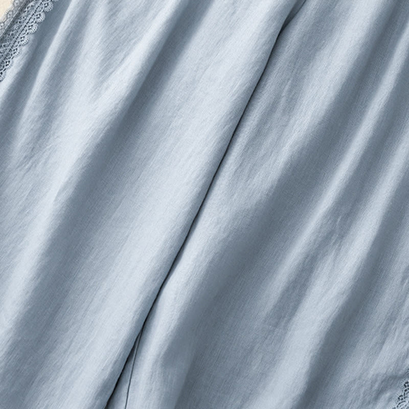 Buddha Stones Plain Color Lace Stitching Cotton Linen Women's Wide Leg Pants With Pockets - image 5