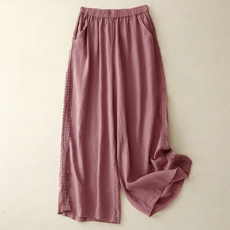 Buddha Stones Plain Color Lace Stitching Cotton Linen Women's Wide Leg Pants With Pockets - PaleVioletRed - US8-10，UK/AU12-14，EU40-42 (2XL) - image 13