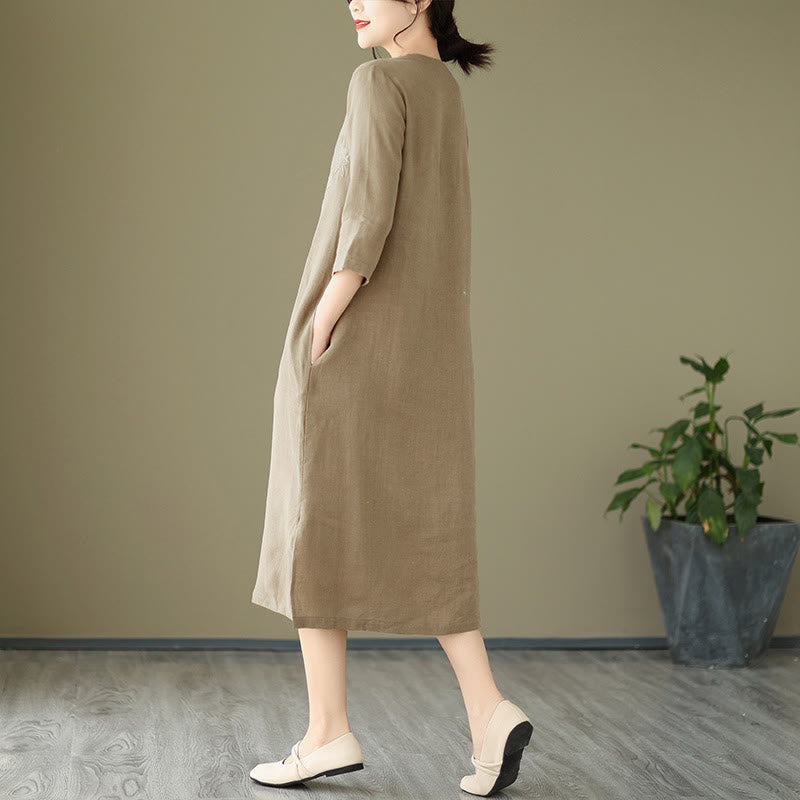 Buddha Stones Vintage Embroidery Three Quarter Sleeve Cotton Linen Midi Dress With Pockets - image 3