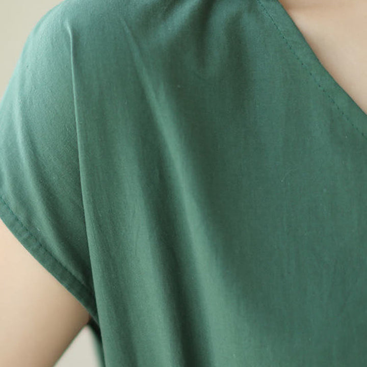 Buddha Stones Pure Color Lace-Up Short Sleeve Cotton Linen Midi Dress With Pockets - image 7