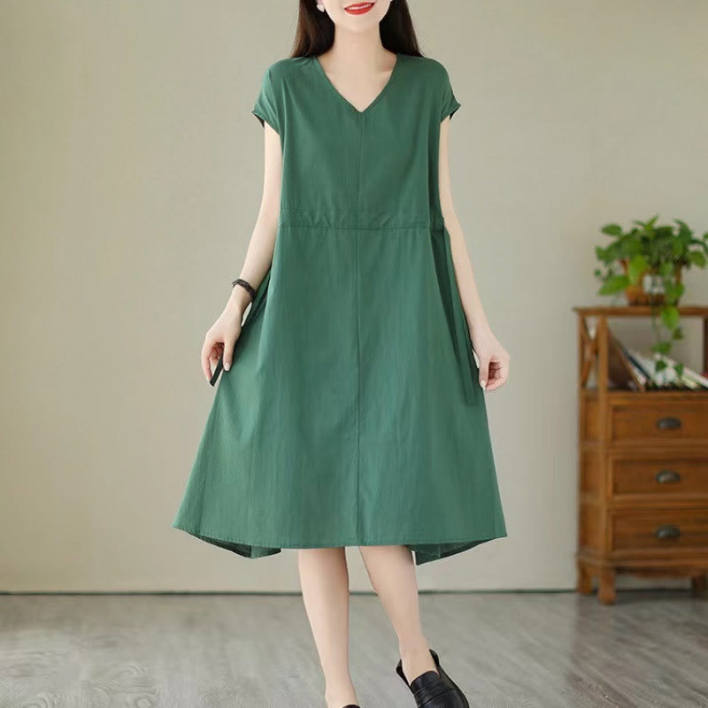 Buddha Stones Pure Color Lace-Up Short Sleeve Cotton Linen Midi Dress With Pockets - SeaGreen - US12，UK/AU16，EU44 (3XL) - image 1