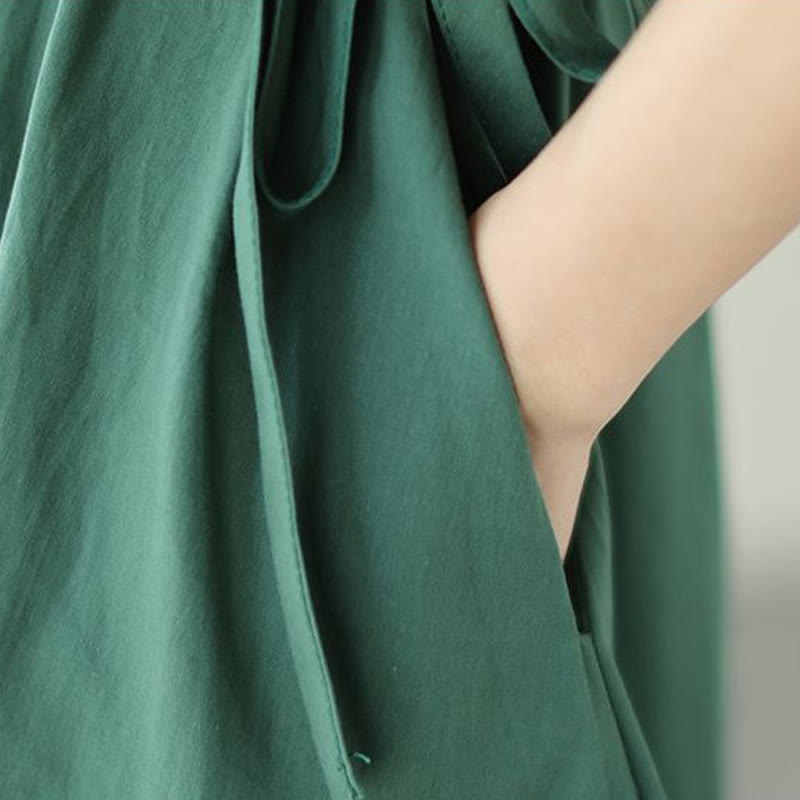 Buddha Stones Pure Color Lace-Up Short Sleeve Cotton Linen Midi Dress With Pockets - image 11