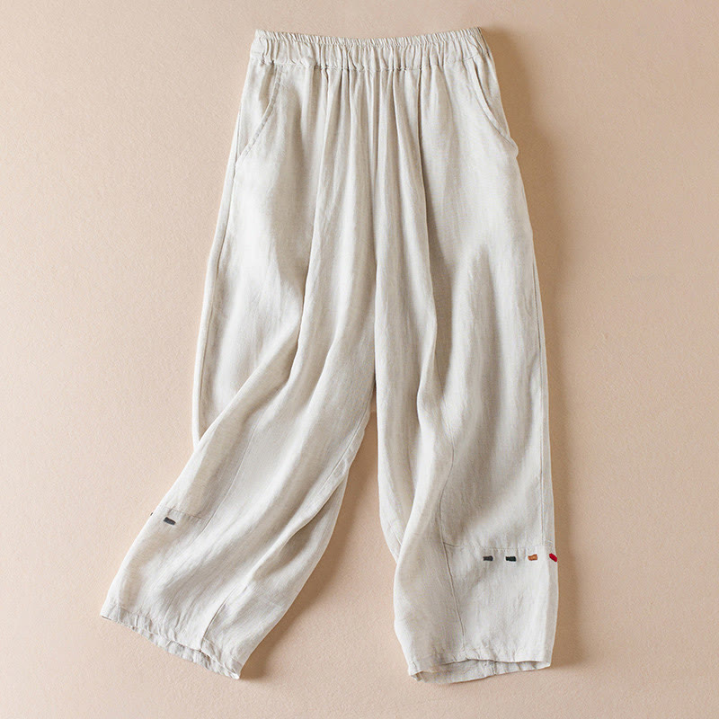 Buddha Stones Colored Thread 7-8 Length Women's Harem Cotton Linen Pants With Pockets - Beige - US12，UK/AU16，EU44 (3XL) - image 1