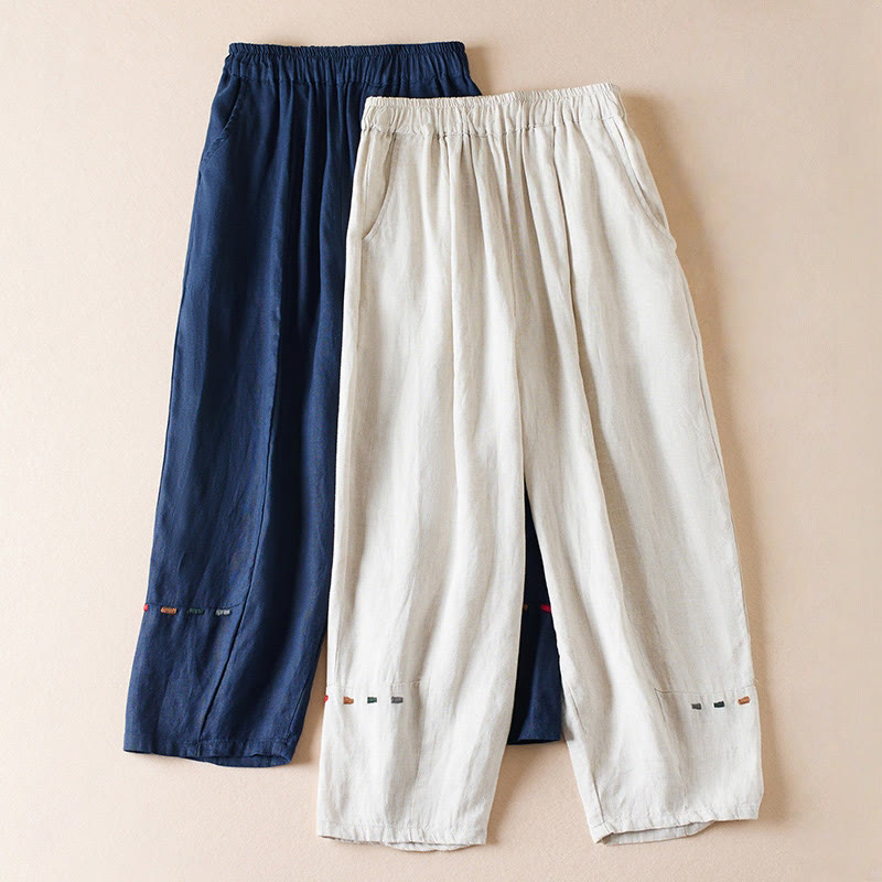 Buddha Stones Colored Thread 7-8 Length Women's Harem Cotton Linen Pants With Pockets - image 18