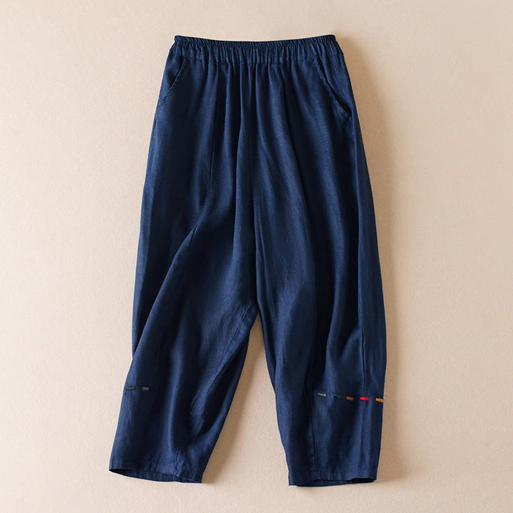 Buddha Stones Colored Thread 7-8 Length Women's Harem Cotton Linen Pants With Pockets - Navy - US12，UK/AU16，EU44 (3XL) - image 10