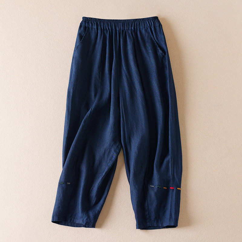 Buddha Stones Colored Thread 7-8 Length Women's Harem Cotton Linen Pants With Pockets - Navy - US12，UK/AU16，EU44 (3XL) - image 9