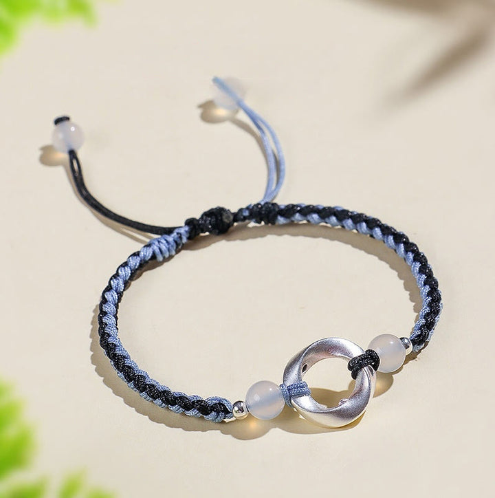 Buddha Stones 925 Sterling Silver Mobius White Agate Bead Braided String Protection Bracelet - 925 Sterling Silver Black String(Wrist Circumference: 15-18cm) - image 5
