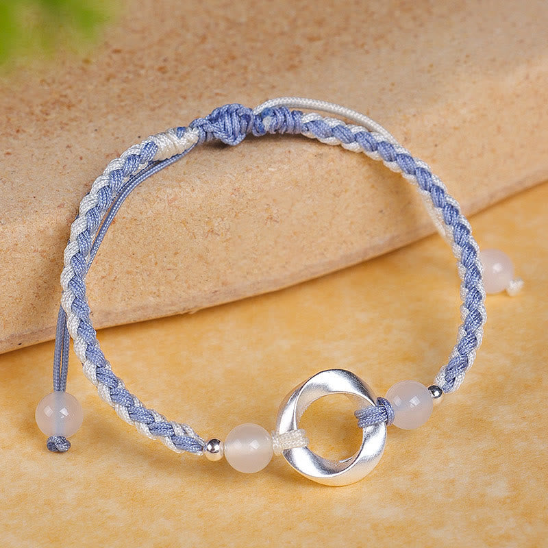 Buddha Stones 925 Sterling Silver Mobius White Agate Bead Braided String Protection Bracelet - 925 Sterling Silver Blue String(Wrist Circumference: 15-18cm) - image 0