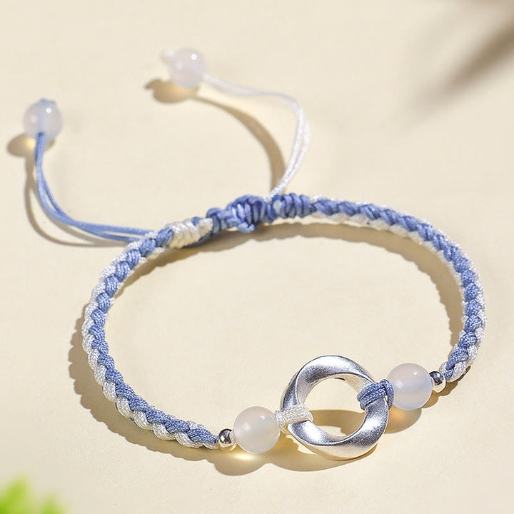 Buddha Stones 925 Sterling Silver Mobius White Agate Bead Braided String Protection Bracelet - image 1