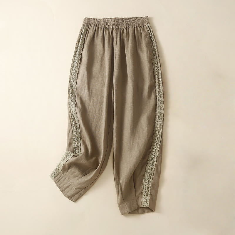 Buddha Stones Plain Lace Women's Harem Cotton Linen Pants With Pockets - Tan - US8-10，UK/AU12-14，EU40-42 (2XL) - image 0