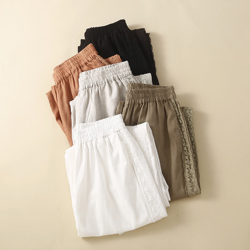 Buddha Stones Plain Lace Women's Harem Cotton Linen Pants With Pockets - image 28