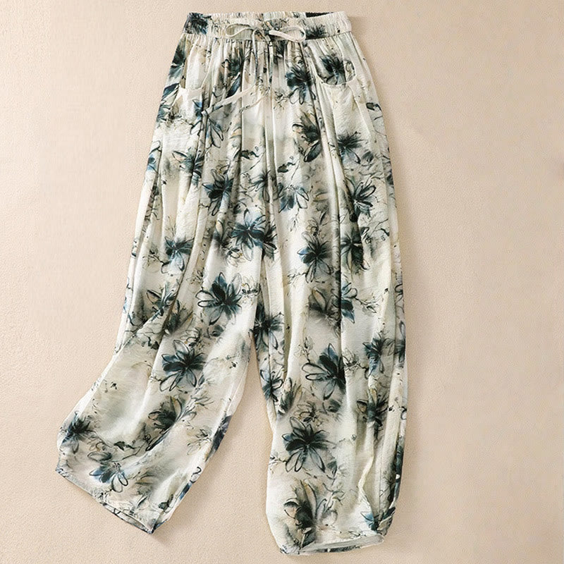 Buddha Stones Casual Flower Prints Design Women's Polyester 7-8 Length Pants With Pockets - SeaGreen - US12，UK/AU16，EU44 (2XL) - image 0