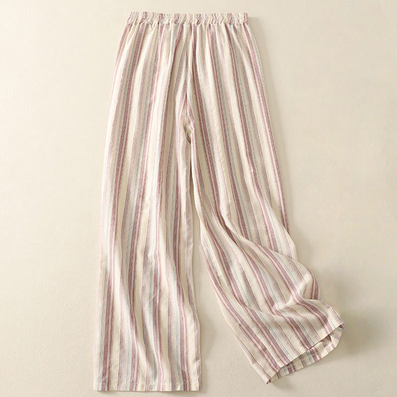 Buddha Stones Color Vertical Stripes Cotton Women's Wide Leg Pants With Pockets - image 1