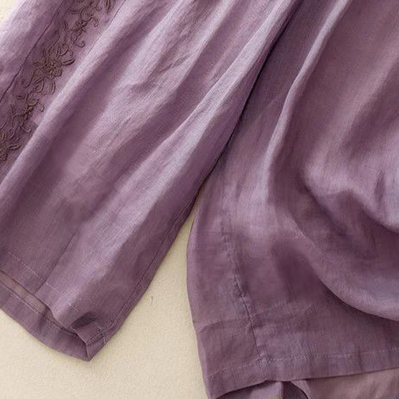 Buddha Stones Side Embroidery Design Cotton Women's 7-8 Length Wide Leg Pants With Pockets - image 2