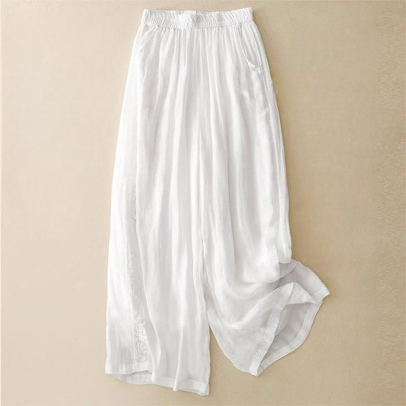 Buddha Stones Side Embroidery Design Cotton Women's 7-8 Length Wide Leg Pants With Pockets - White - US12，UK/AU16，EU44 (3XL) - image 12