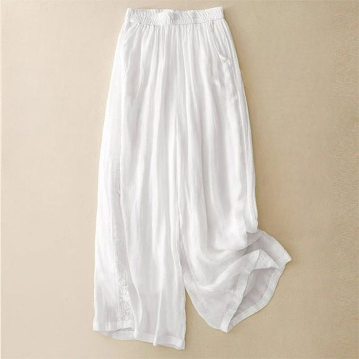 Buddha Stones Side Embroidery Design Cotton Women's 7-8 Length Wide Leg Pants With Pockets - White - US12，UK/AU16，EU44 (3XL) - image 12