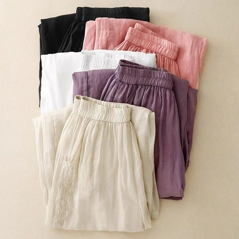 Buddha Stones Side Embroidery Design Cotton Women's 7-8 Length Wide Leg Pants With Pockets - image 19