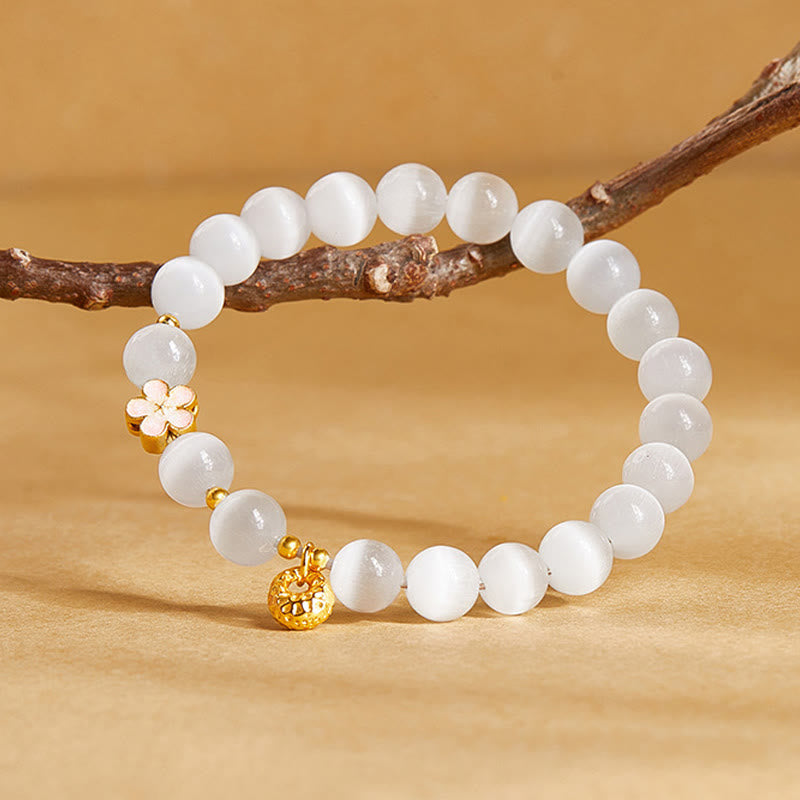 Buddha Stones 925 Sterling Silver Peach Blossom Lucky Bag White Cat's Eye Luck Bracelet - image 2